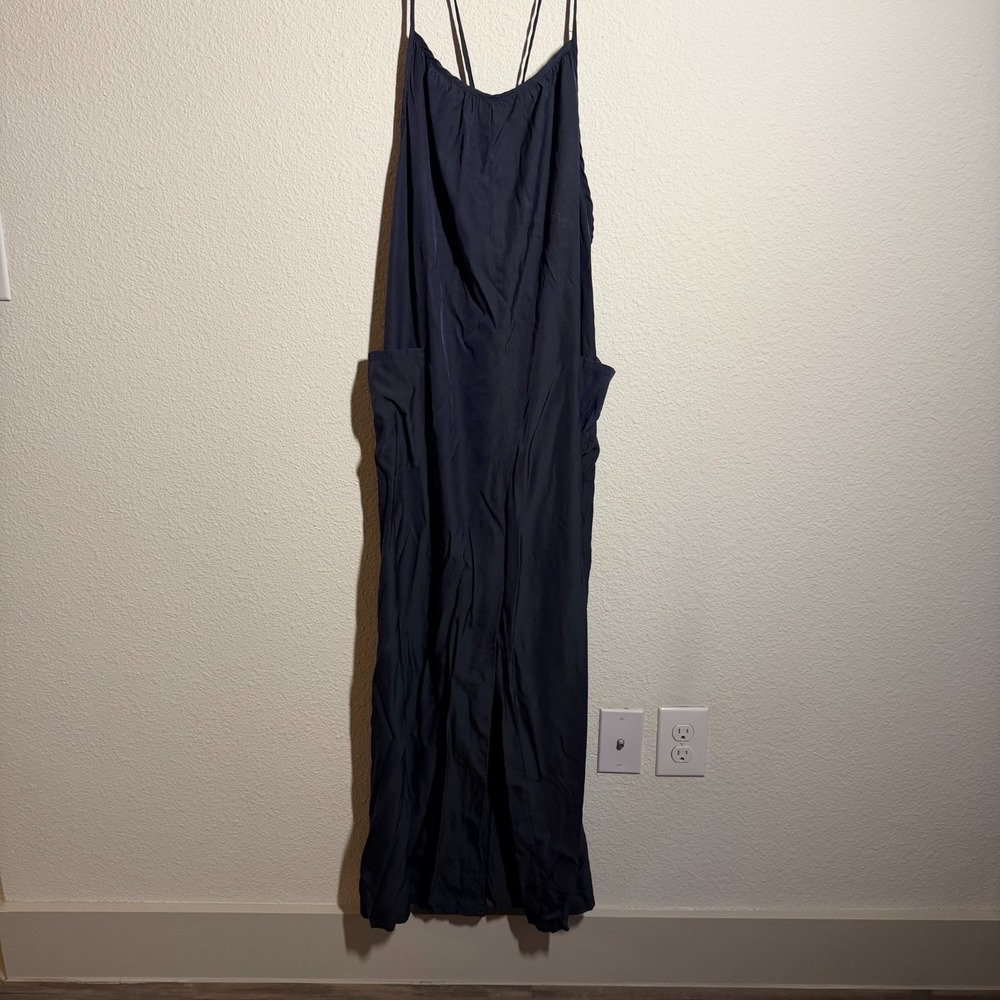 LUUKSE One Piece Women Small Navy Blue Pleated Spaghetti Strap Wide Leg Jumpsuit